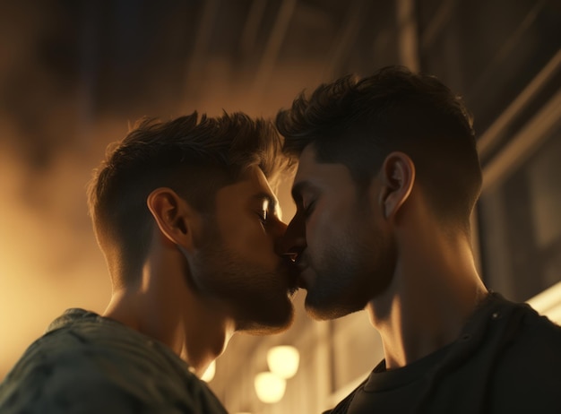 Молодая гомосексуальная пара обнимается и целуется в туманном вечернем городе.