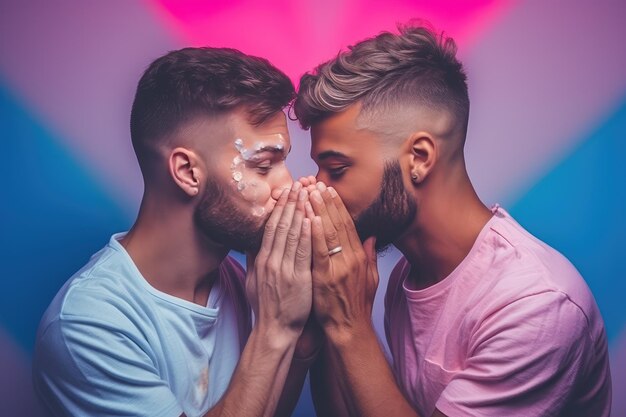 Young gay couple kissing making heart symbol with hands