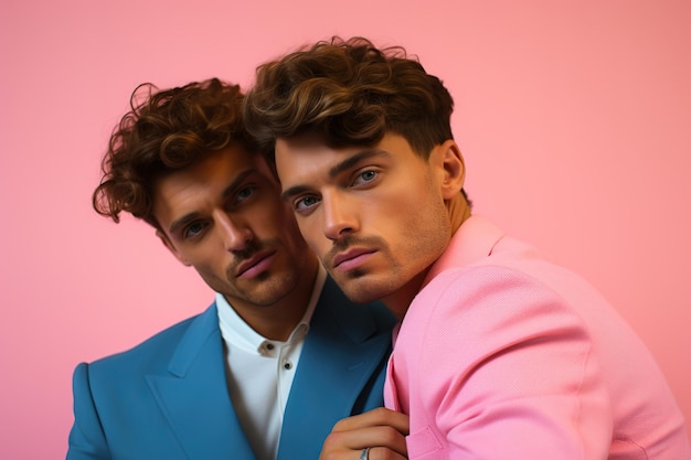 Young gay couple on pink background