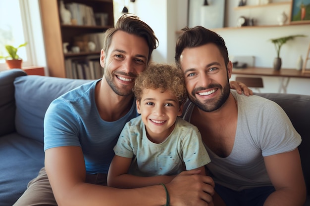 Young gay couple with child sitting at home