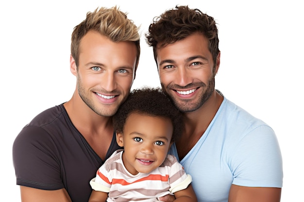 Young gay couple with child on white background