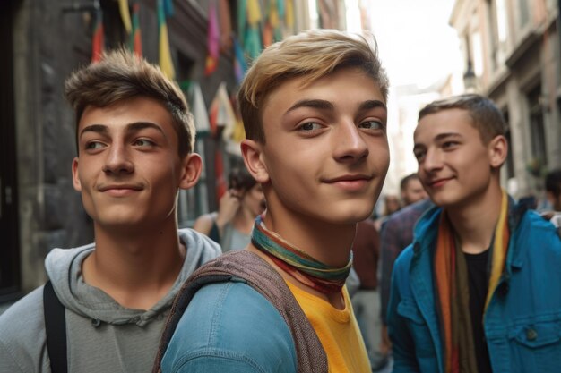 Photo a young gay couple with a tour guide in the background