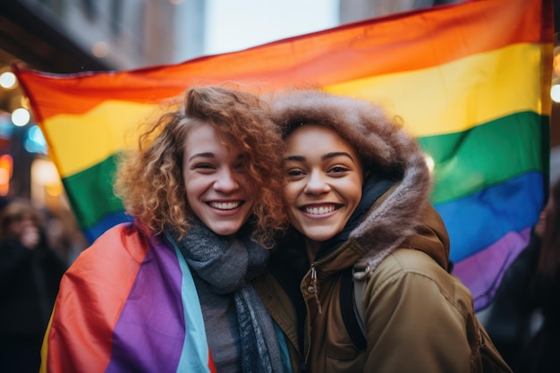 молодые девушки-геи стоят с радужными флагами перед людьми