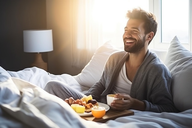 ベッドで朝食を食べる若いゲイの男性