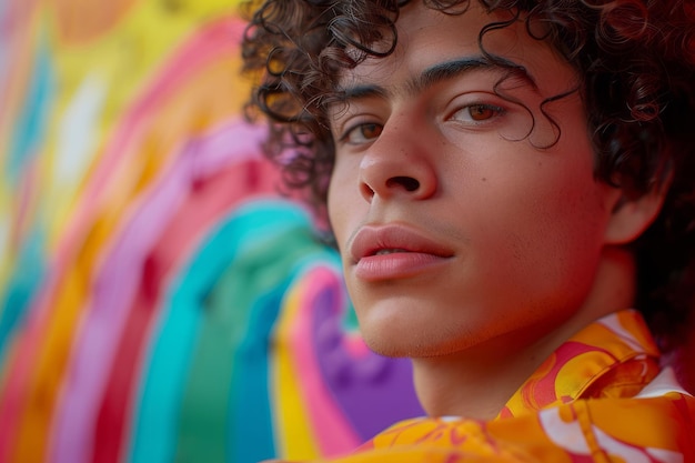 Young gay man with make up standing against pride flag Man with red lip stick and earring laughing in front of rainbow flag of gay pride