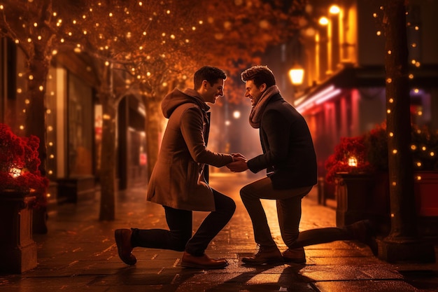 Фото Молодой гей делает предложение своему парню в романтической обстановке.