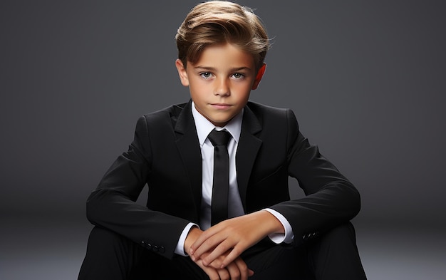 A Young Gentleman in a Black Suit Seated CrossLegged on a white Background
