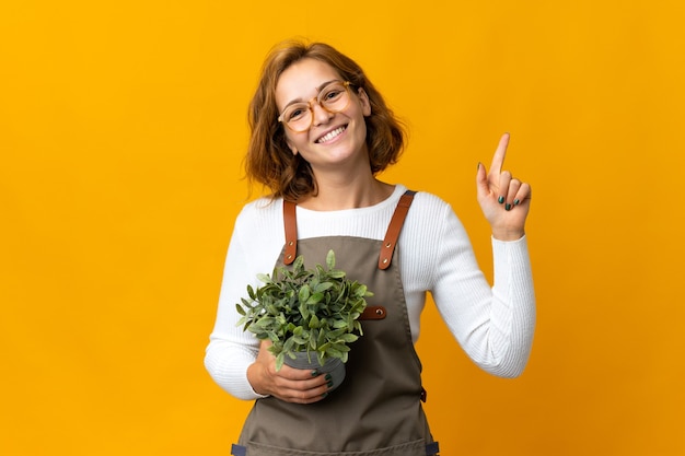 黄色の背景に分離された植物を保持している若いジョージ王朝様式の女性