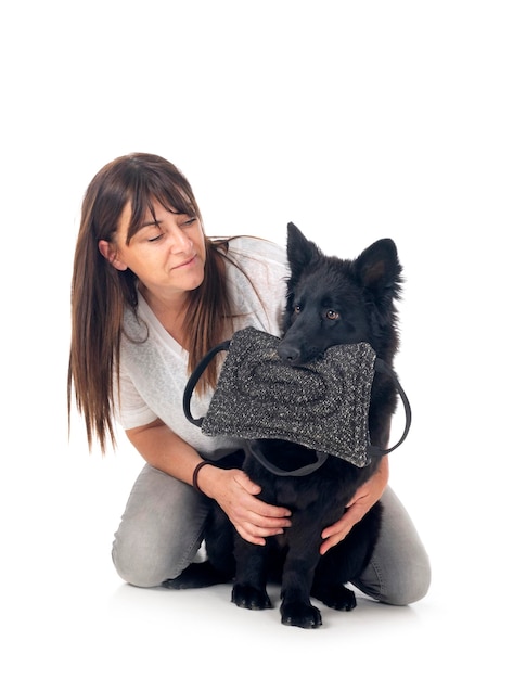 young german shepherd and woman in front of white background