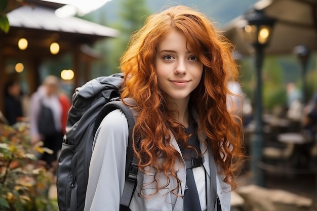 Young ginger woman athlete with a backpack travel in old town