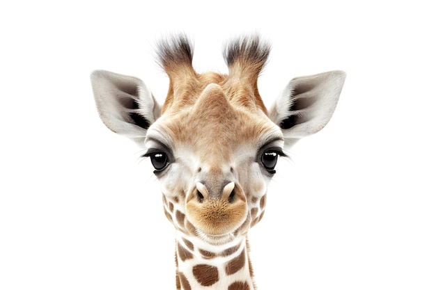 Young giraffe closeup portrait on white isolated background Safari cute animal baby portrait Generative AI illustration