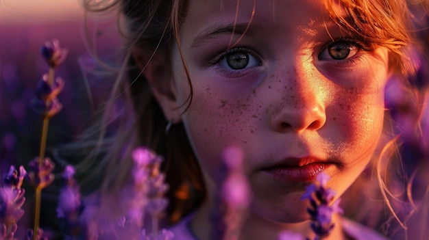 Foto una ragazzina ammira i fiori viola in un campo che annusano i loro petali con gioia