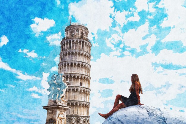 Young girl admiring the Leaning Tower in Italy