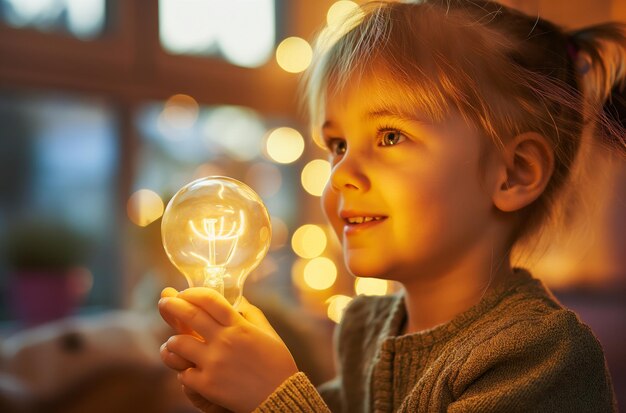 Foto ragazza che ammira la lampadina