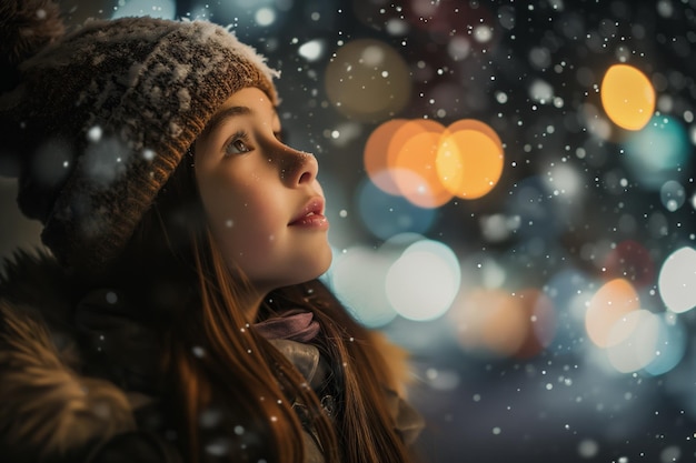 Young Girl Admiring Snowfall In City At Night Commercial Photography With Urban Charm