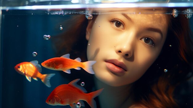 사진 물고기 와 함께 수족관 의 배경 에 있는 어린 소녀