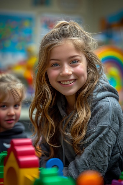 写真 幼い女の子と男の子がおもちゃで遊んでいる