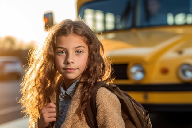 A young girl as she poses close up with her school backpack waiting in front of a yellow school bus Generative AI