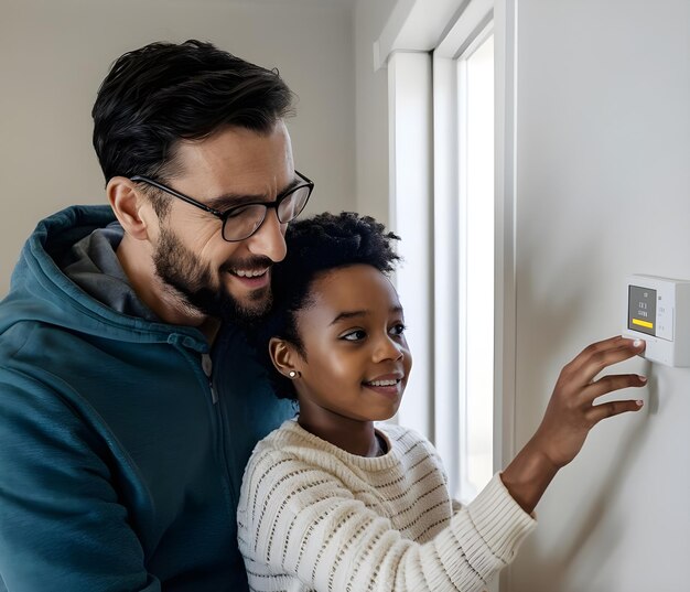 A young girl assists her father in adjusting the thermostat generative ai