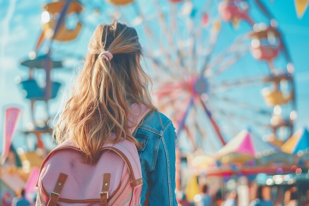 写真 旧市街の広場でフェリスホイールを乗った遊園地の若い女の子フェスティバル