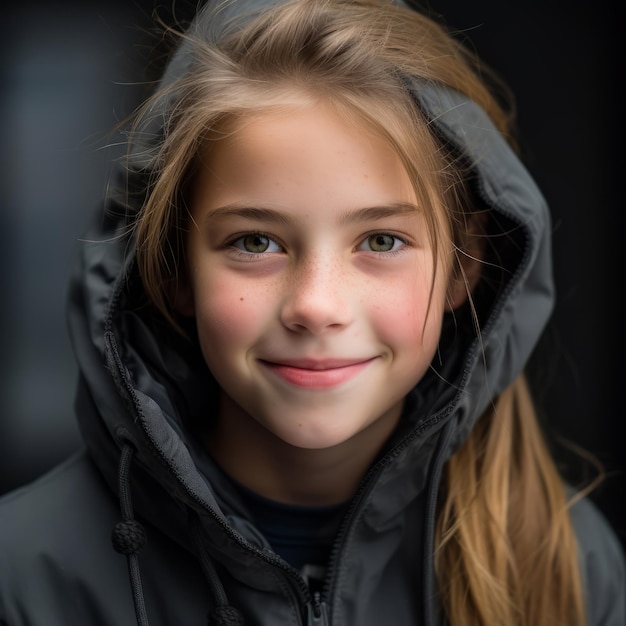 a young girl in a black jacket smiling