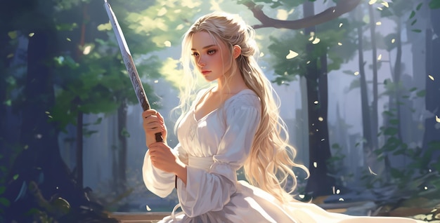 young girl blonde braids simple white dress holding a sword hd wallpaper