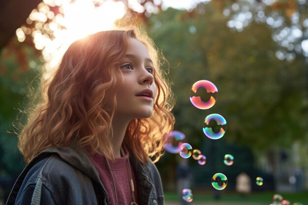 Photo a young girl blowing bubbles in a park