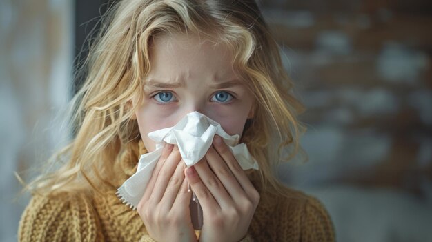 Photo a young girl blowing her nose with a tissue