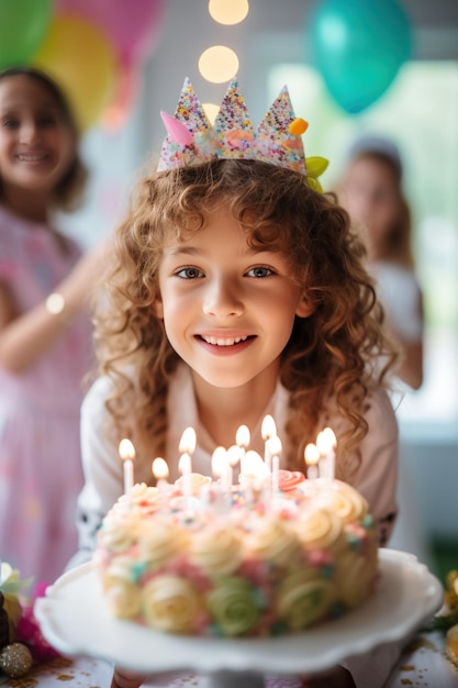 A young girl blowing out candles on a cake surrounded by her friends