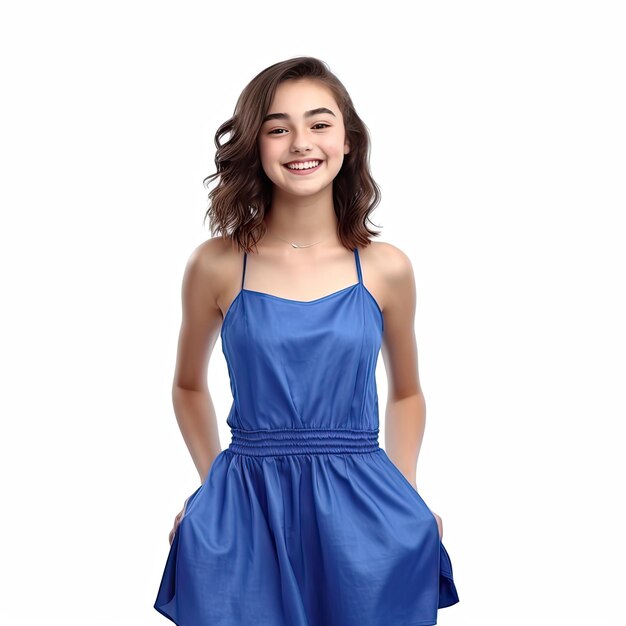 Photo a young girl in a blue dress stands in front of a white background.