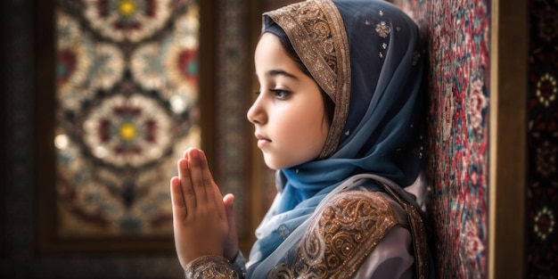 A young girl in a blue hijab is praying in a temple.