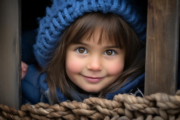 a young girl in a blue knitted hat