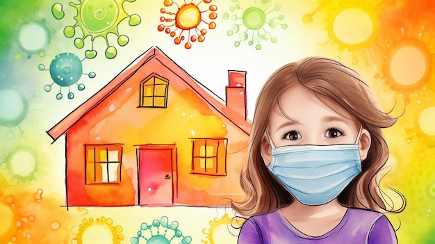 A young girl blue mask stands before house surrounded by virus illustrations pandemicthemed artwork