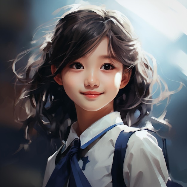 A young girl in a blue school uniform smiling