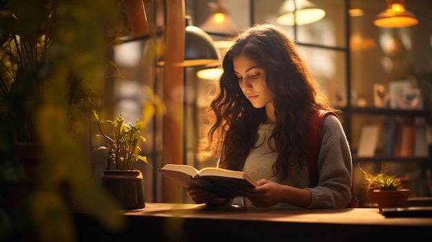 young girl in a book in the evening