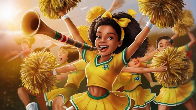 Young girl brazilian cheerleader with a vuvuzela on yellow background celebrating