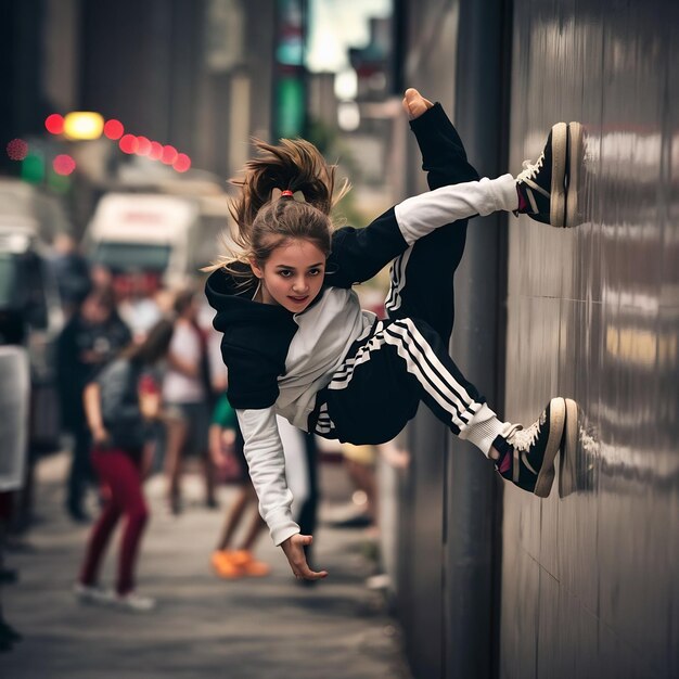 Фото Молодая девушка танцует на стене на заднем плане