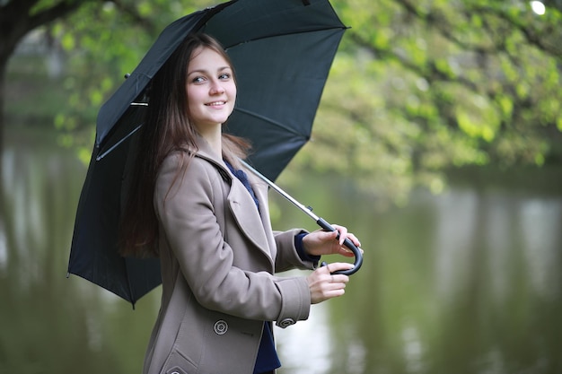 Young girl in a coat in a spring park