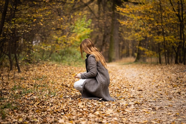 Young girl collects fallen leaves in a beautiful autumn park