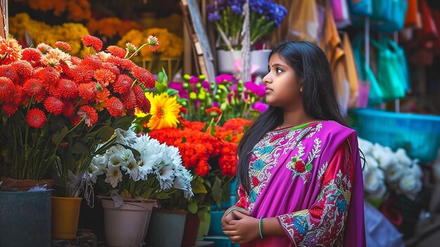 young girl in colorful flower shop