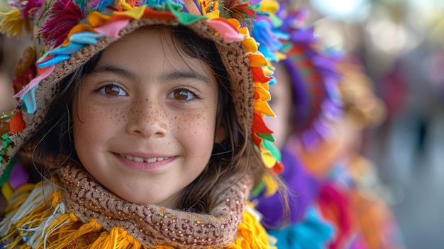 Young Girl in Colorful Headdress and Scarf