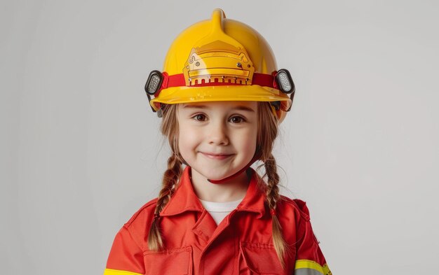 Photo a young girl confidently wearing a bright yellow firefighter helmet and protective gear exuding determination and a strong sense of purpose