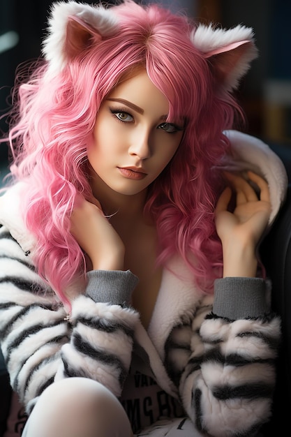 a young girl cosplay a character who has a pretty face pink hair and big eyes