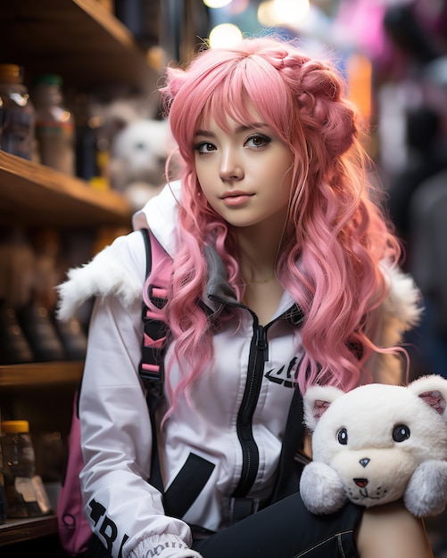 a young girl cosplay a character who has a pretty face pink hair and big eyes