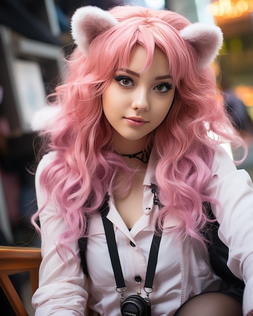 a young girl cosplay a character who has a pretty face pink hair and big eyes