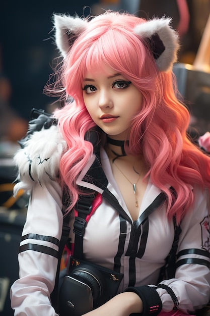 a young girl cosplay a character who has a pretty face pink hair and big eyes