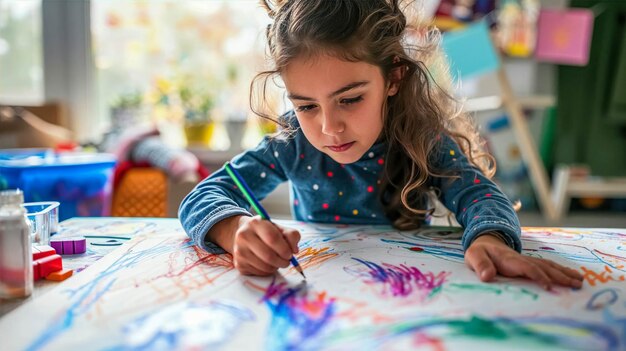 A Young Girl Creatively Drawing on a White Board Table with Colored Pencils