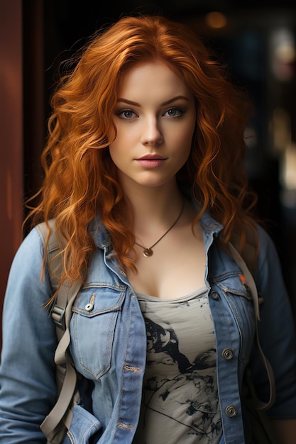 Young girl in crop top standing in alley with yellow lights