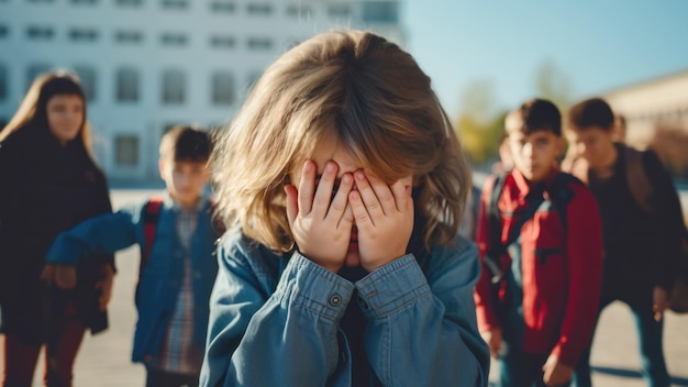 学校の外で泣いて顔を隠している少女 学校のいじめのテーマ