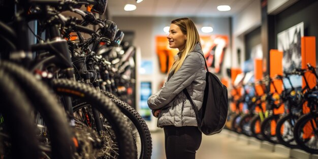 A young girl cyclist chooses a bike for herself in a bike shop Generative AI